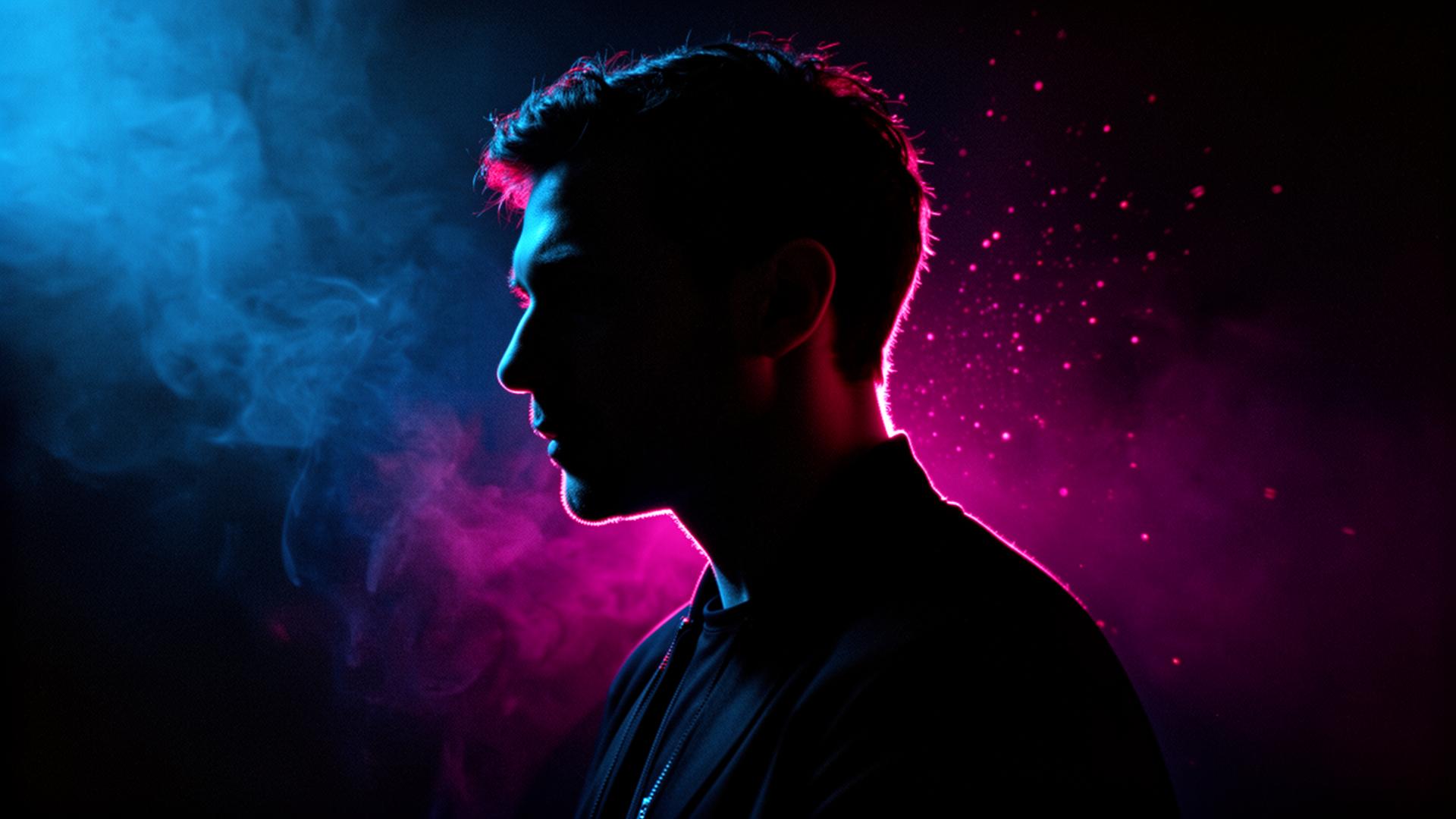 DAIVD portrait, lit by neon magenta and cyan